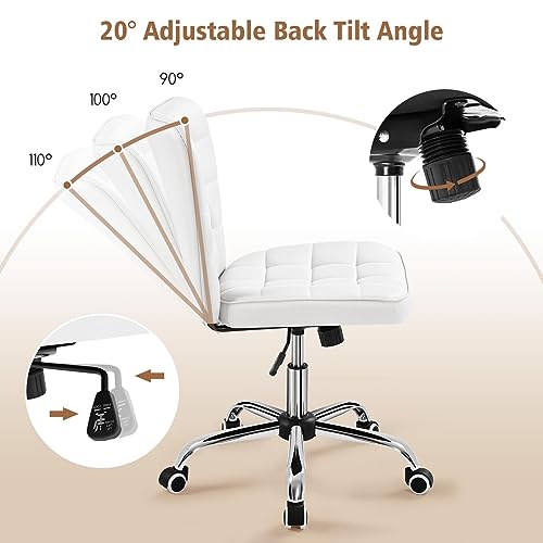 Yaheetech Armless Desk Chair Modern Tufted Office Chair Faux Leather Upholstered Computer Chair with Adjustable Seat Height and Rolling Wheels for Home/Office, White Yaheetech
