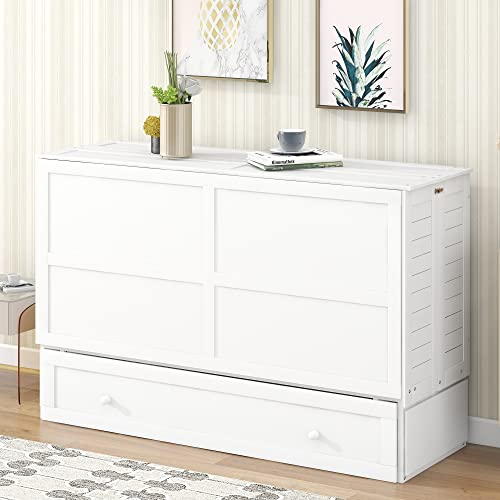 Queen Size Mobile Murphy Bed with Storage Drawers and Small Shelves for Guest Room Home Office, Multi-Functional Platform Bed for Kids, Teens, Easy Assembly (White) BEDGJH