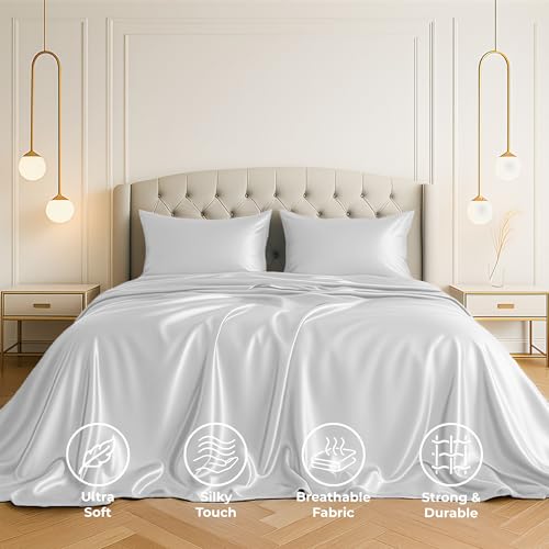Pure Bedding Satin Sheets Twin [3-Piece, White] Hotel Luxury Silky Bed Sheets - Extra Soft 1800 Microfiber Sheet Set, Wrinkle, Fade, Deep Pocket Fitted Sheet, Flat Sheet, Pillow Cases Pure Bedding