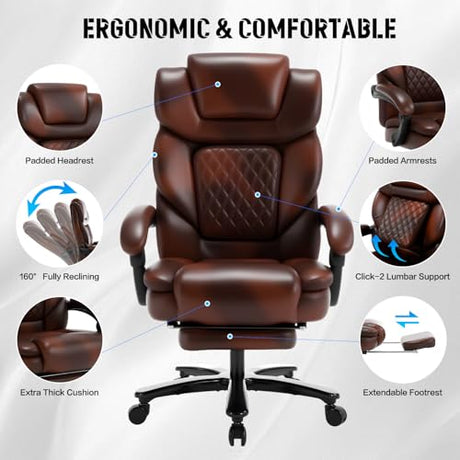 Comermax Heavy Duty Leather Office Chair with Footrest, Wide Seat Big Tall Reclining Office Desk Chair for 500lbs Heavy People, Brown Comermax