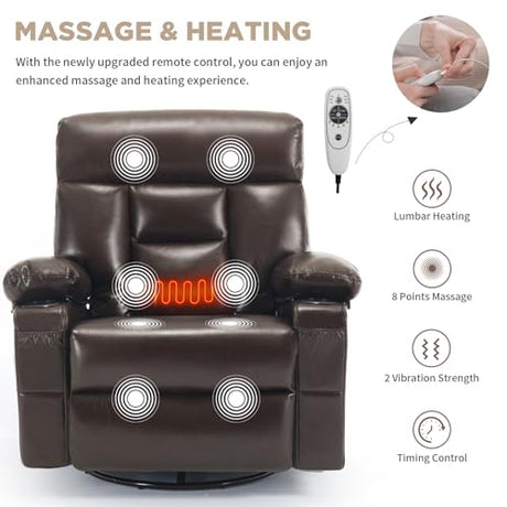 Comermax Rocker Recliner Chair with Heat and Massage, Wide Seat Heated Massaging Reclining Chair, Faux Leather Manual Swivel Rocking Recliners with Cup Holder, Dark Brown Comermax