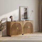 BELLEZE Set of 2 Modular Fluted Sideboard Buffet Cabinet with Storage, Mid-Century Modern Console Table with Symmetrical Arched Doors, Credenza for Dining Room, Kitchen and Living Room, Caramel Brown BELLEZE