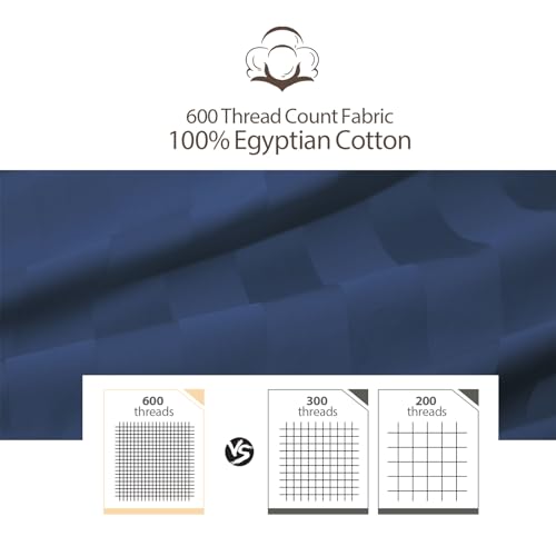 100% Egyptian Cotton Fitted Sheet Twin Size, 600 Thread Count, Single Fitted Sheet Only,8”-16" Deep Pocket Sheet, Soft & Elastic Sateen Weave Bottom Sheet for Home(Navy Blue-Stripe, Twin) Zaizaihome