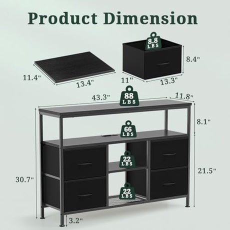 SageNest TV Stand Dresser for Bedroom, Entertainment Center for TV up to 50 inch with LED Lights & Charging Station, Media Console with 4 Fabric Drawers and Open Storage Shelves for Living Room, Black SageNest