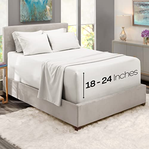 Hearth & Harbor Extra Deep Pocket Queen Sheets Sets - Fits Mattress 18-24 Inches Deep - Extra Deep Pocket Sheets - 6 Piece Queen Size - White