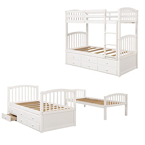 Ball & Cast Twin Size Bunk Bed with Ladder and Safety Rail,Twin-Szie Trundle Wood Bunkbed w/Slat Support & Solid Pine Legs,Space Saving,Bedframe Furniture for Student Dorms,Studio,White Ball & Cast