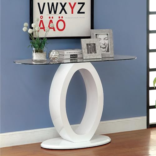 Furniture of America Modine 47" Long Contemporary Console Tables, Modern Furniture, Beveled Tempered Glass, O-Shaped High Gloss Pedestal, for Entryway, Hallway, Living Room, White Furniture of America