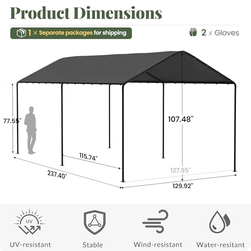 Carport, 10‘ x 20’ Heavy Duty Portable Garage All-Season Car Canopy, Outdoor Garage Boat Shelter Carport Canopy Party Tent w/Water-Resistant Tarp for Backyard (Grey, 10' x 20' /no Side) Phonjoroo