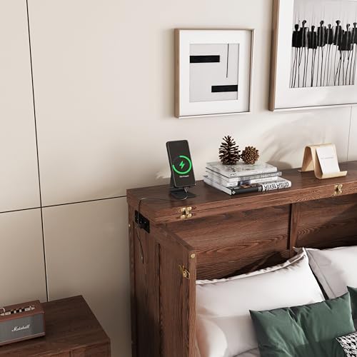 DNChuan Queen Size Murphy Bed Cabinet with Storage Drawer and USB Port, Foldable Cube Chest Platform Bed, Pine Wood Frame, Space Saving, No Box Spring Required, Walnut DNChuan