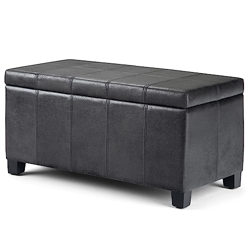 SIMPLIHOME Dover 36 inch Wide Rectangle Lift Top Storage Ottoman Bench in Upholstered Distressed Black Faux Leather, Footrest Stool, Coffee Table for the Living Room, Bedroom and Kids Room SIMPLIHOME