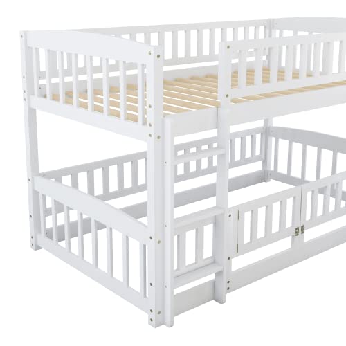 Merax Twin Over Twin Bunk Bed with Slide, Low Bunk Bed Frame with Convertible Ladder & Detachable Fence, Solid Pine Wood Structure for Bedroom, White Merax