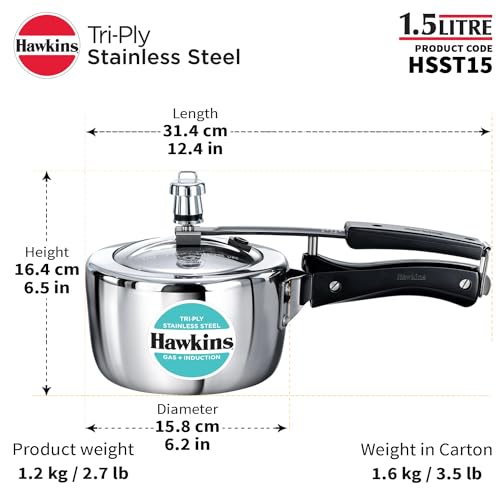 HAWKINS Triply Stainless Steel Pressure Cooker, Inner Lid Induction Cooker, (HSST15) 1.5 litres Silver HAWKINS