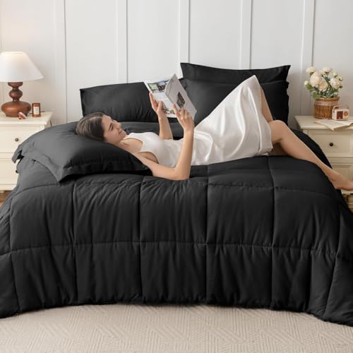 JOLLYVOGUE Queen Comforter Set, Ultra-Soft Bed in a Bag Queen Size 7 Pieces, Oeko-TEX Certified Bedding Set with Down Alternative Comforter, Sheets, Pillowcases & Shams, Black JOLLYVOGUE