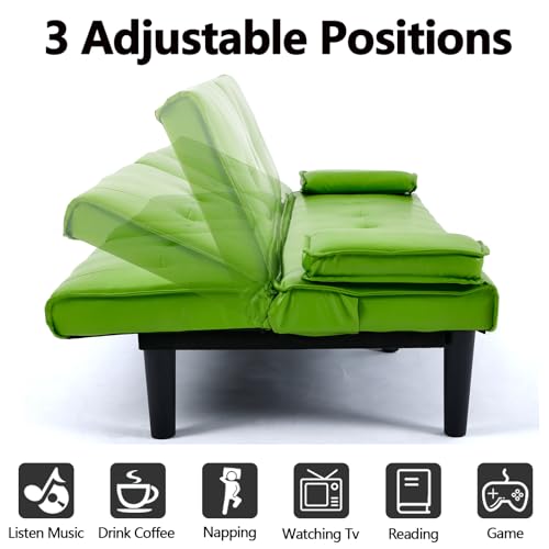 Klwenas Maec Green Futon Couch & Convertible Futon Sofa Bed for Small Space, 67" Loveseat Couches with Removable Armrests & 2 Cup Holders for Living Room Bedroom Dorm Apartment, Easy Assemble (Green) Klwenas Maec