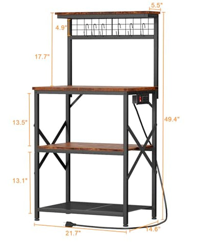 Furologee Kitchen Bakers Rack with Power Outlet, Microwave Oven Stand with Storage 4 Tiers, Coffee Bar Table with 6 S Hooks, Kitchen Storage Shelf Rack for Spices, Pots, Rustic Brown