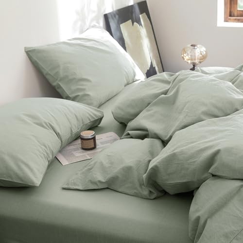 FOSSA Duvet Cover Set 100% Washed Cotton Linen Feel Super Soft Breathable Cozy 3 Pieces Bedding Sets Solid Sage Green King FOSSA