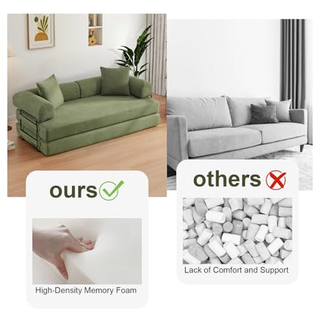 MAKIAAP 78.5'' Convertible Folding Sofa Bed, 5-in-1 Modular Floor Couch, Corduroy Small Cloud Couch, Compressed Foldable Sleeper Sofa, King Size Futon for Bedroom, Guest Room (Green) MAKIAAP