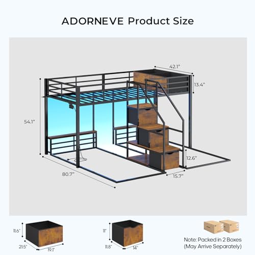ADORNEVE Triple Bunk Bed with Storage Staircase, RGB Lights & Charging Station, Twin Over Twin, Heavy Duty Metal 3 Bunk Beds with Drawers & Headboard Shelf, Safety Guardrails, for Kids, Black ADORNEVE