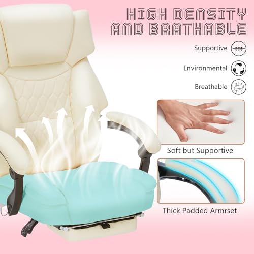 Massage Office Chair with Foot Rest 6 Points Vibration and Heat Home Office Desk Chairs for Heavy People 400lbs Reclining Managerial Chairs Ergonomic Executive Chair (Cream) HESL