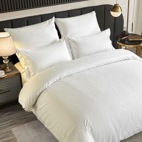 Amolavet Hotel Bedding Duvet Cover King Size Cotton White Satin Pin Striped Textured with Zipper - Duvet Cover King 3 Pcs Set 104x90 - Comforter Cover/Quilt Cover King Size Amolavet