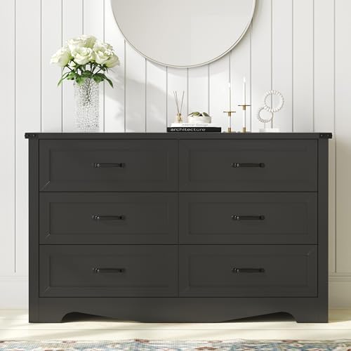 Xixini Dresser with 6 Drawers, Double Dresser for Bedroom, Black Farmhouse Chest of Drawers, Wide Wood Storage Dresser Organizer, Rustic TV Stand with Metal Handle for Hallway, Living Room, Entryway Xixini