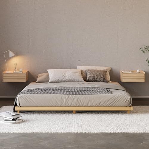 homary Floating Wooden Nightstand with Light & Charging Station, Wall Mounted Nightstand with Drawer, Wireless Charging, USB Ports, Modern Natural Floating Bedside Table for Bedroom homary