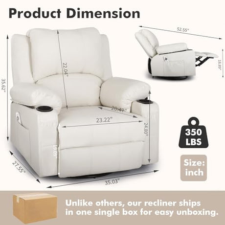 Comermax Faux Leather Rocker Recliner with Heat and Massage Cup Holders, Overstuffed Rocking Recliner Swivel Glider Chair for Nursery Heated Massaging Reclining Chair, Cream White Comermax