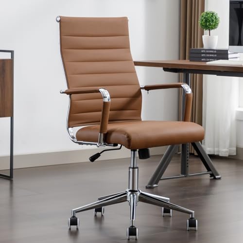 Office Desk Chair Leather, Conference Room Chairs with Wheels, Executive Modern High Back Ergonomic Swivel Rolling Ribbed Computer Chair(Brown) BoisKom