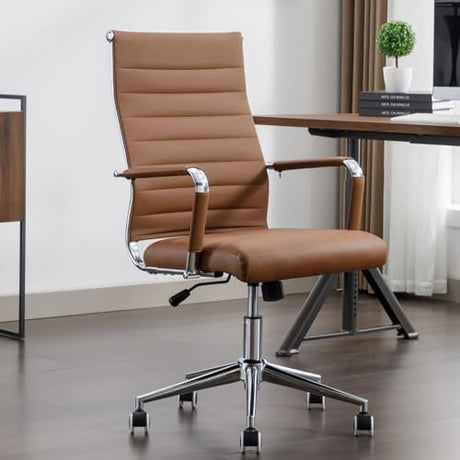 Office Desk Chair Leather, Conference Room Chairs with Wheels, Executive Modern High Back Ergonomic Swivel Rolling Ribbed Computer Chair(Brown) BoisKom