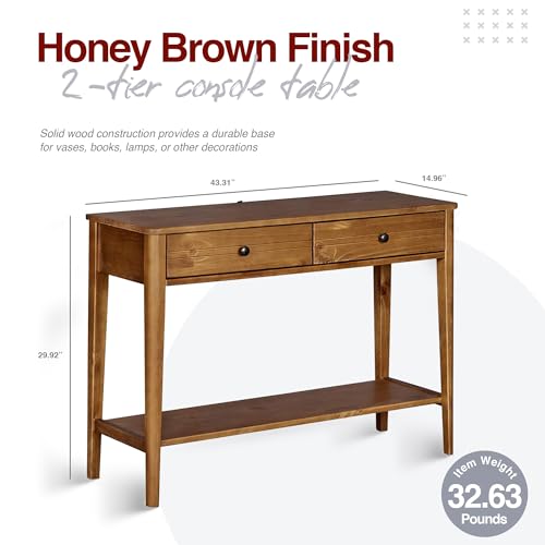 MUSEHOMEINC California Mid-Century Solid Wood 2-Tier Console Table with Drawers and Shelf/Console Sofa Table/Hallway/Entryway Table, Honey Brown - WoodArtSupply