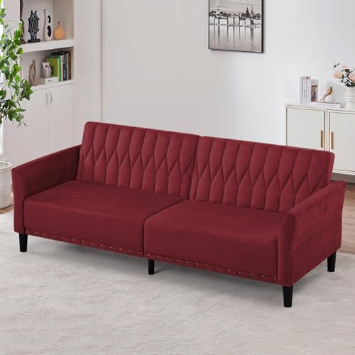 Lesofair 77” Velvet Sofa Bed with Adjustable Armrests and Backrests,Tufted Convertible Futon Couch with Nailhead Trim, Loveseat Modern Velvet Sleeper Sofa for Living Room,Bedroom,Office, Red Lesofair