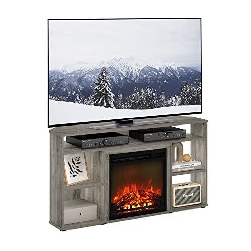 Furinno Jensen Corner TV Stand with Fireplace for TV up to 55 Inches, French Oak Grey Furinno
