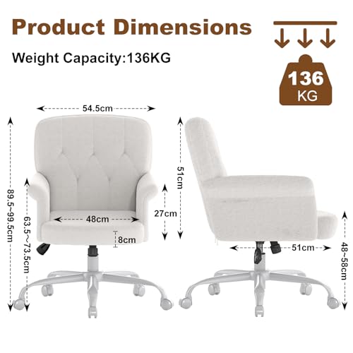 Keratee Comfy Home Office Desk Chair, Upholstered Fuzzy Vanity Chair with Wheels and Arms, Modern Adjustable Swivel Computer Seat for Living Room, Bedroom, Make Up, Home Office, White Keratee