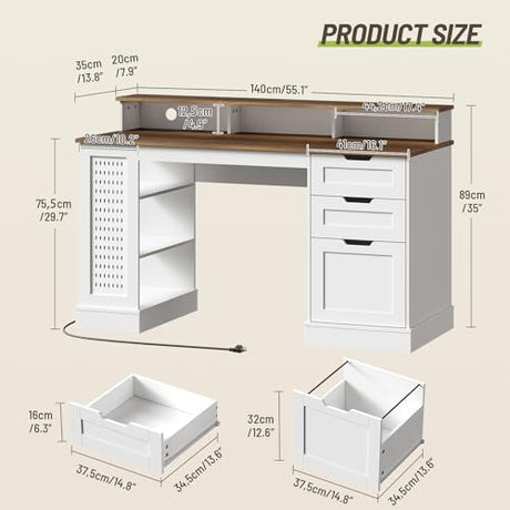 STHYTON 55inch Farmhouse Executive Desk with 2 Drawers and File Cabinet, Computer Desk with 3-Tier Storage Shelves, Home Office Desk with Charging Station, Pegboard and Monitor Shelf, White and Walnut STHYTON