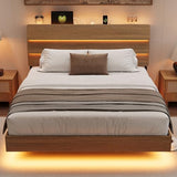 Einhomn Floating Bed Frame Full with Led Lights and Charging Station, Full Size Platform Bed Frame w/Storage Headboard, Heavy Slats Support, No Box Spring Needed, Noise Free, Easy Assembly, Walnut Einhomn