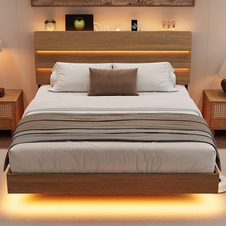 Einhomn Floating Bed Frame Full with Led Lights and Charging Station, Full Size Platform Bed Frame w/Storage Headboard, Heavy Slats Support, No Box Spring Needed, Noise Free, Easy Assembly, Walnut Einhomn