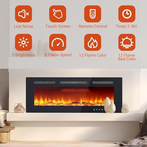 40" Electric Fireplace, Recessed and Wall Mounted Fireplace with Smart WiFi Infrared Linear Fireplace Heater 120v/1500w &12 LED Flame Colors & Timer Remote, Low Noise Operation LIZHOUMIL