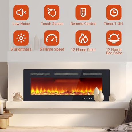 40" Electric Fireplace, Recessed and Wall Mounted Fireplace with Smart WiFi Infrared Linear Fireplace Heater 120v/1500w &12 LED Flame Colors & Timer Remote, Low Noise Operation LIZHOUMIL