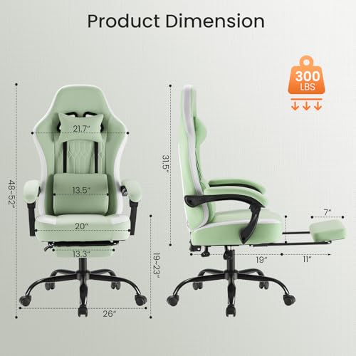 Sweetcrispy Computer Gaming Chair - High Back Ergonomic Desk Chair with Footrest and Lumbar Support, Height Adjustable Task Chair with Linkage Armrests and Headrest, 360° Swivel Wheels, Green Sweetcrispy