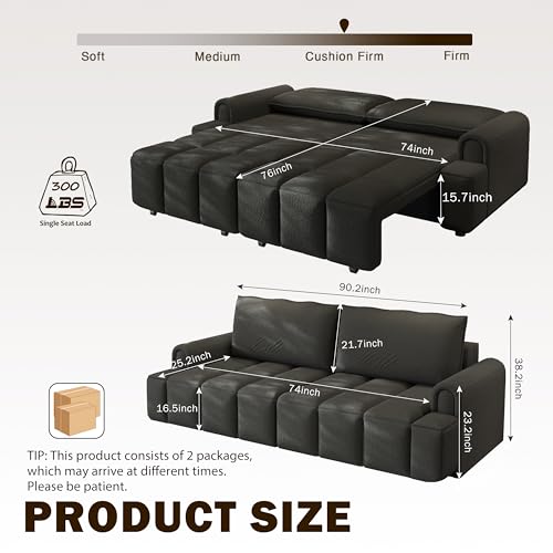 LuxyHoom 90.2" Futon Sofa Bed King, 3-in-1 Teddy Convertible L-Shaped Sofa, Upholstered Loveseat Couches, Pull Out Couch Bed Small Spaces, Deep Seat, Storage for Living Room, Apartment, Black LuxyHoom