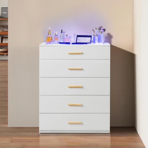 Aenlv White Dresser for Bedroom with 5 Drawers, Chest of Drawers with LED Lights, Wood Bedroom Dresser, Large Capacity Storage Cabinet for Nursery, Kids Room, Entryway Aenlv