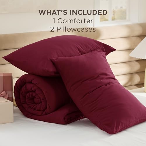 Bedsure California King Comforter Set, Dark Red Soft Prewashed Bedding for All Seasons, 3 Pieces GentleSoft™ Bed Set, 1 Lightweight Comforter (104"x96") and 2 Pillowcases (20"x36") Bedsure