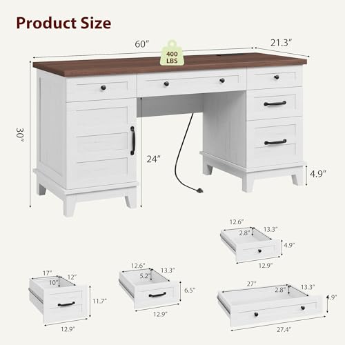 GarveeHome Executive Desk with File Drawers, Farmhouse Home Office Desk with Charging Station, 60 in Wooden Computer Desk with Cabinet Storage for Work Study Writing, White Walunt GarveeHome