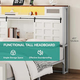 YITAHOME Farmhouse King Size Bed Frame with Charging Station and Led Light, Wooden Platform Tall Storage Headboard Bed Frame, Sliding Barn Door, Metal Slats Support, No Box Spring Needed, White YITAHOME