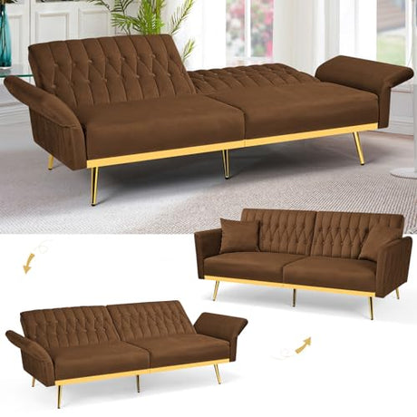 ACMEASE 70” Velvet Futon Sofa Bed with 2 Pillows and Adjustable Armrests, Convertible Sleeper Bed W/Adjustable Backrests, Modern Loveseat for Living Room, Bedroom, Brown ACMEASE