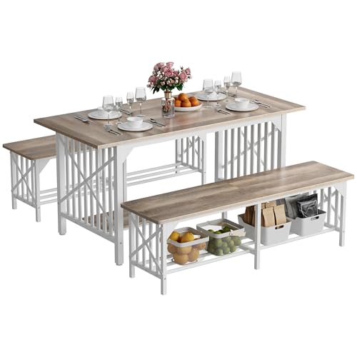 DWVO 3-Piece Dining Table Set for 4-6 People, 63" Dining Room Table with 2 Benches, Industrial Rectangular Dining Room Table Set with Storage for Kitchen, Dining Room, Washed Grey DWVO