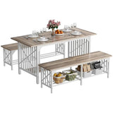 DWVO 3-Piece Dining Table Set for 4-6 People, 63" Dining Room Table with 2 Benches, Industrial Rectangular Dining Room Table Set with Storage for Kitchen, Dining Room, Washed Grey DWVO