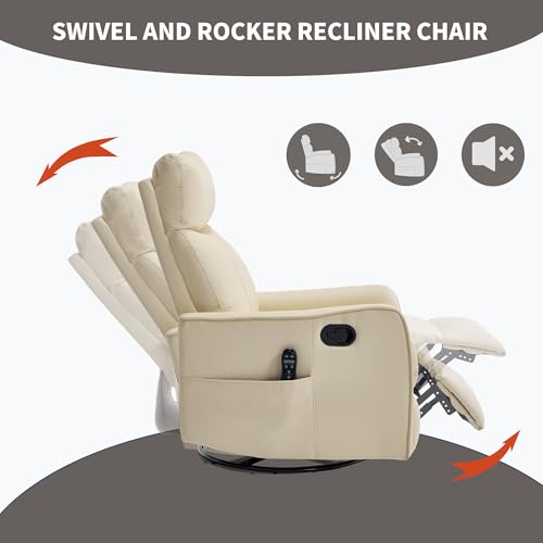 High Back Massage Recliner with Heat - Swivel Rocking Chair for Small Spaces, Manual Lazy Boy Recliner for Adults, Perfect for Living Room & Bedroom, Soft Fabric (Beige FL)