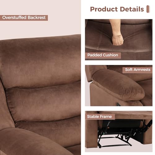 ANJ Manual Recliner Chair for Adults, Velvet Reclining Chair with Padded Arms and Overstuffed Backrest, Single Recliner Sofa for Living Room, Dark Brown
