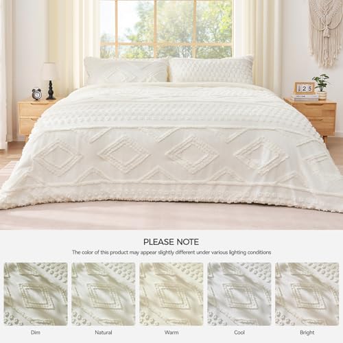 YIXWZAS Boho Queen Comforter Set Beige with Sheets, 3 Pieces Tufted Queen Comforter Sets Boho Bedding Cream Soft Warm Neutral Comforter Sets for All Seasons YIXWZAS